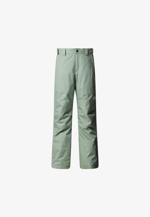 Light green outdoor pants made of waterproof material, featuring a relaxed fit, belt loops, and a small logo on the left leg.