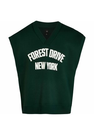 Sweat-shirt sans manches vert foncé avec col en V et texte blanc "FOREST DRIVE NEW YORK" imprimé sur le devant.