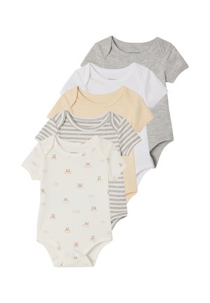 Fünf kurzärmelige Babybodys in Weiß mit Tiermotiven, grauen Streifen, Beige, schlichter Weiß und Hellgrau, überlappend angeordnet.