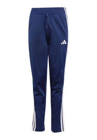 Pantaloni sportivi blu navy con vita elastica, coulisse regolabile, strisce laterali bianche e logo Adidas sulla gamba sinistra.