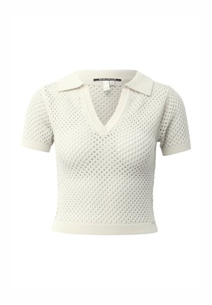 Haut en maille à manches courtes, couleur crème, col en V à col, motif ajouré, coupe courte, étiquette "The QS Love Club" taille petite.