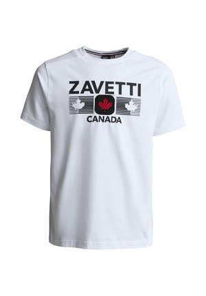 Bílé tričko s krátkým rukávem s nápisem "ZAVETTI CANADA" a třemi grafickými motivy javorového listu přes hruď, přičemž prostřední list je červený.