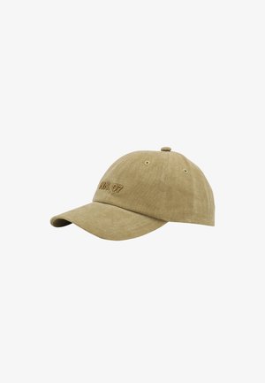 Beige cotton baseball cap with curved brim and embroidered text "JUN. 07" on front panel.