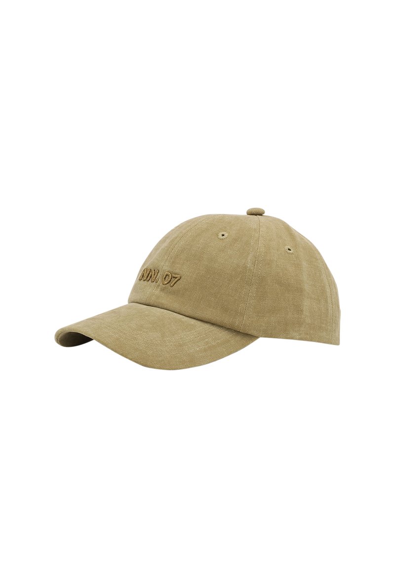 Beige cotton baseball cap with curved brim and embroidered text "JUN. 07" on front panel.