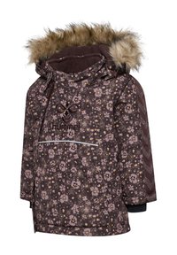 Brun jakke med blomstermønster og faux fur hætte, lynlås lomme foran og kontrastsyninger langs ærmerne. Blødt, tekstureret stof.