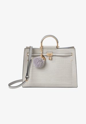 Harsohwu crocodile-tekstuuri käsikott kuldsete detailidega, ülemine käepide, reguleeritav õlarihm ning karvane hall pom-pom ripats küljes.