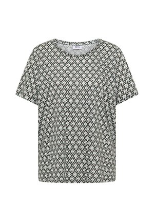 Kortærmet skjorte med sort og hvidt geometrisk mønster og rund halsudskæring, vist mod hvid baggrund.