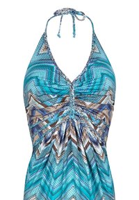 Halter neck plavky s vícero vzory v odstínech modré, hnědé a béžové. V centru zdobení s řasením a zavazováním kolem krku.
