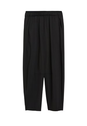 Pantalon noir ample avec une taille élastique et des poches latérales, conçu pour le confort et une tenue décontractée.