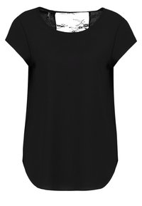 Černý top s krátkým rukávem a kulatým výstřihem, vyrobený z hladké tkaniny. Zadní strana má kontrastní bílý design s černými akcenty.