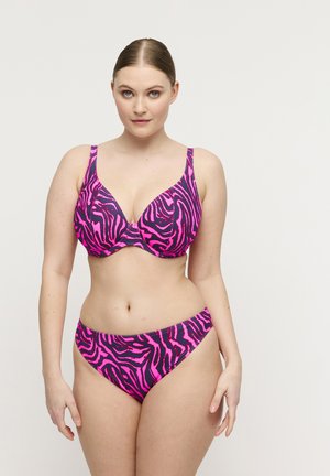 Roze en zwart bikini set met zebraprint, bestaande uit een plunge-bh met verstelbare bandjes en een bijpassende hooggesneden bikinibroekje. Zachte stof.
