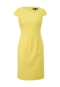 Gelbes, tailliertes Kleid mit kurzen Ärmeln, runden Ausschnitt, asymmetrischem Design an der Brust und einem Reißverschlussverschluss auf der Rückseite. Glatte Oberfläche.