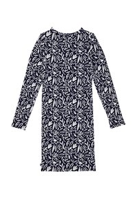 Langärmliges Kleid in Marineblau mit einem weißen Blumenmuster, das einen runden Ausschnitt und eine taillierte Silhouette aufweist. Der Stoff ist glatt mit leichtem Stretch.