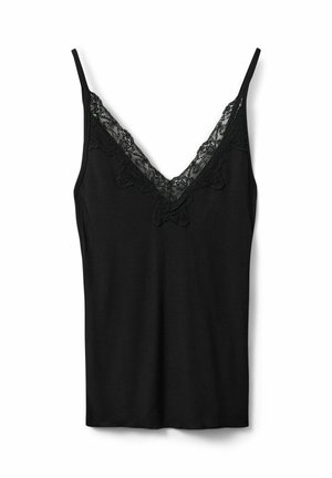 Sort ribbet camisole med tynde stropper og V-udskæring, pyntet med detaljer i blomsterblonde.
