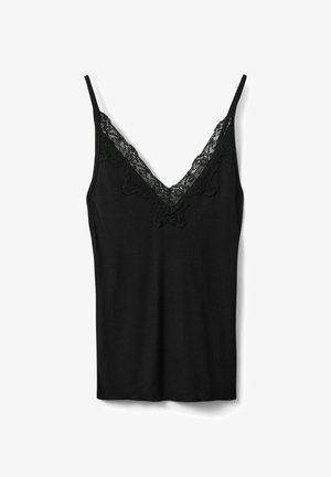 Sort ribbet camisole med tynde stropper og V-udskæring, pyntet med detaljer i blomsterblonde.