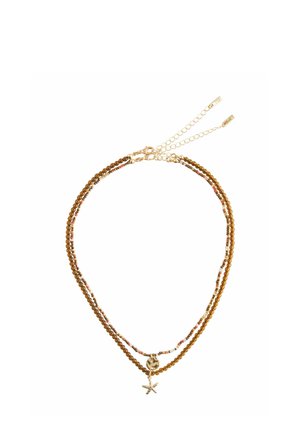 Double-layered beaded necklace with brown and multicolored beads, gold clasps, and a gold starfish and round charm pendant.