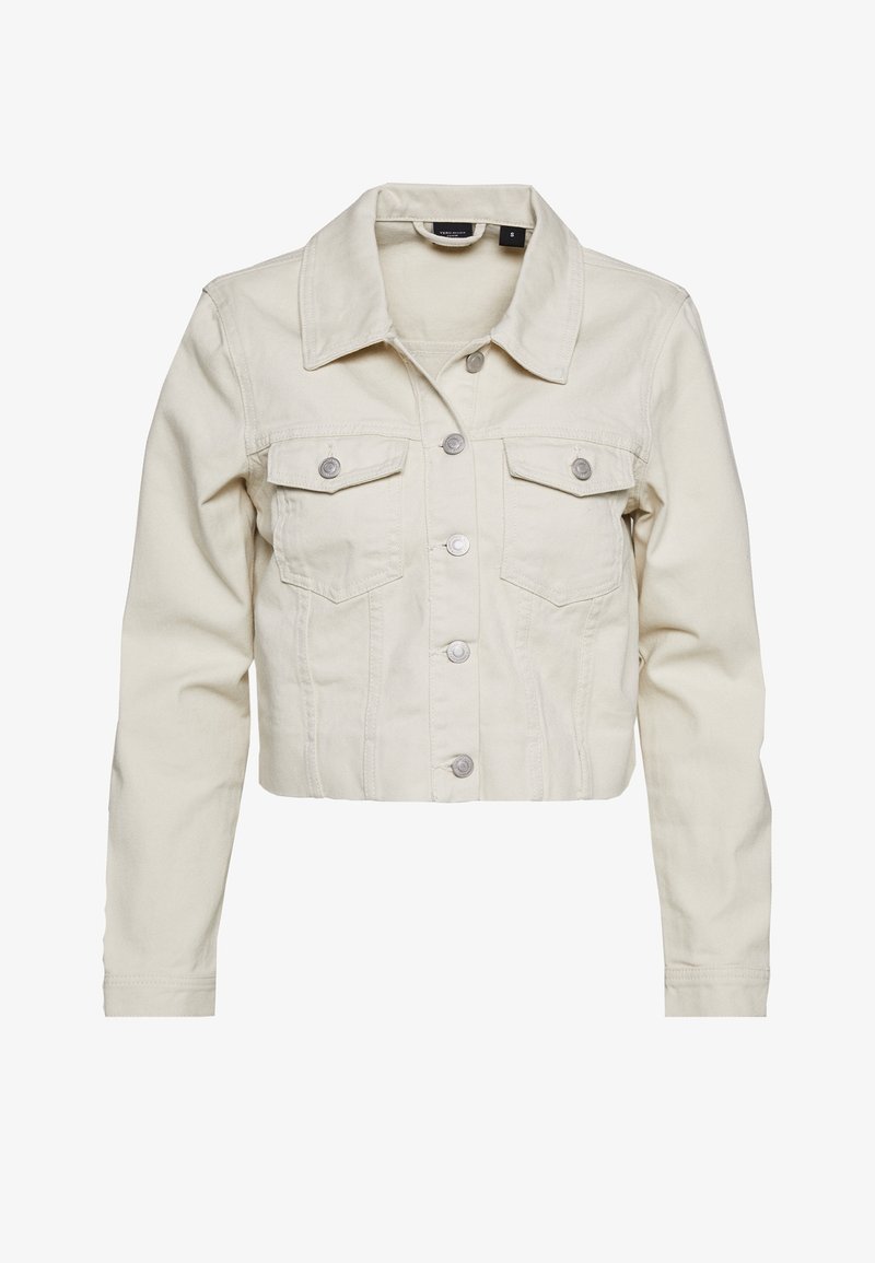 Veste en jean beige clair courte, manches longues, fermeture à boutons sur le devant, deux poches poitrine à rabats boutonnés, et col classique.