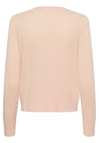 Hellrosa gerippter Pullover mit langen Ärmeln, rundem Ausschnitt und strukturiertem Muster. Kurze Länge mit engen Bündchen und Saum.