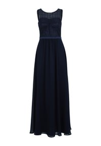 Granatowa długa sukienka z koronkowym tułowiem, dekoltem typu scoop i wiązaniem w talii. Luźna spódnica o miękkiej fakturze z akcentami z przezroczystego materiału.
