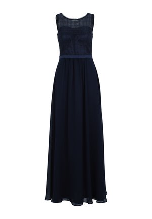 Marineblaues langes Kleid mit Spitze-Oberteil, Rundhalsausschnitt und Taillenzug. Fließender Rock mit weichem Material und durchsichtigen Paneelen.