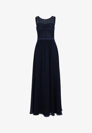 Marineblaues langes Kleid mit Spitze-Oberteil, Rundhalsausschnitt und Taillenzug. Fließender Rock mit weichem Material und durchsichtigen Paneelen.