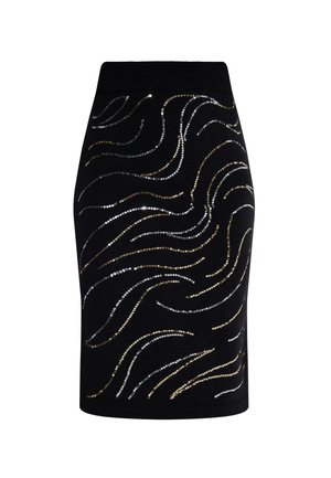 Zwarte minirok met golvende patronen van goud, zilver en metalen pailletten, met een gestructureerde tailleband voor extra detail.