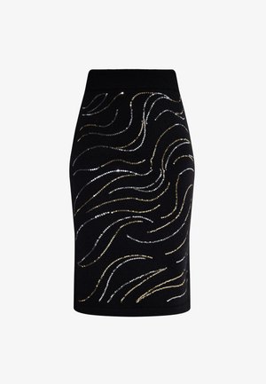 Zwarte minirok met golvende patronen van goud, zilver en metalen pailletten, met een gestructureerde tailleband voor extra detail.