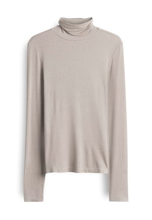 Beige lange mouw turtleneck shirt van ribstof, met een aansluitende fit, zachte textuur en nette afwerking bij de zoom en manchetten.