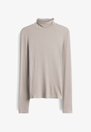 Beige Langarm-Turtleneck-Shirt aus geripptem Stoff, das eine enganliegende Passform, eine sanfte Textur und einen sauberen Abschluss an Saum und Bündchen aufweist.