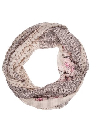 Hellrosa und beige Infinity-Schal mit gemischten Blumen-, Punkter- und Streifenmustern aus weichem Stoff.