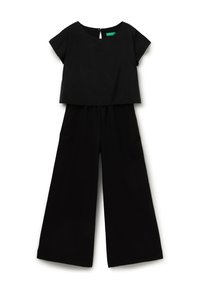 Zwarte korte mouwen crop top met bootnek en wijdvallende hoge taille broek, plat gelegd op een witte achtergrond.