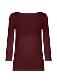 Burgunderfarbener Langarm-Top mit weitem Ausschnitt und taillierter Silhouette. Hergestellt aus einem glatten, dehnbaren Stoff. Minimalistisches Design, keine Muster oder Akzente.
