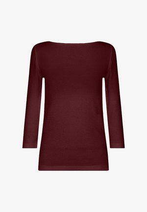 Maglietta bordeaux a maniche lunghe con scollatura ampia e silhouette aderente. Realizzata in un tessuto liscio ed elastico. Design minimalista, senza motivi né accenti.