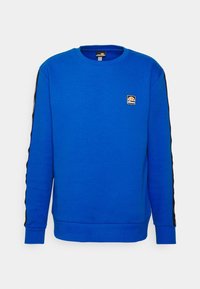 Felpa blu con maniche lunghe, polsini e orlo a coste. Presenta un patch con logo sul petto e strisce laterali nere con dettagli pattern.