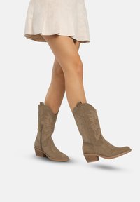 Botas de cowboy de ante marrón con bordado en zigzag, un tacón bajo y apilado, punta afilada y detalle de cremallera lateral. Llevadas con una falda ligera.