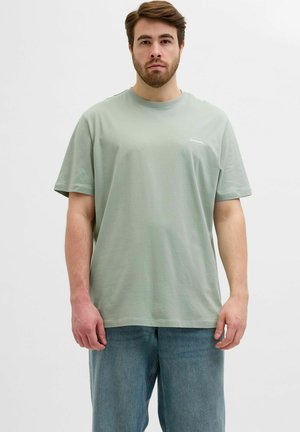 T-shirt en coton vert clair avec un col rond, des manches courtes et un petit logo sur la poitrine ; associé à un pantalon en denim bleu.