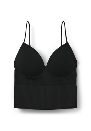 Bralette nera a coste con spalline sottili regolabili, coppe senza cuciture e design con ampia fascia sottoseno. Texture liscia senza decorazioni.