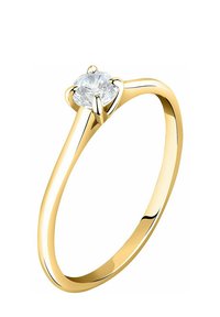 Goldring mit einem runden, klaren Diamanten, der in vier Krappen gefasst ist, sowie einem schlanken, glatten Band und einem schlichten, eleganten Design.