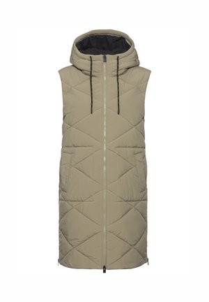 Puffweste ohne Ärmel in hellem Beige, mit Kapuze, Frontreißverschluss und zwei Seiten Taschen mit diagonalen Nähten.