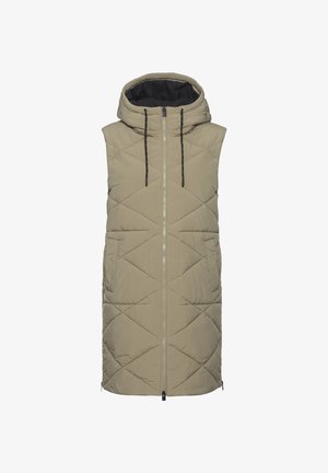 Puffweste ohne Ärmel in hellem Beige, mit Kapuze, Frontreißverschluss und zwei Seiten Taschen mit diagonalen Nähten.