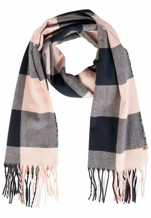 Écharpe douce en tissu à grands carreaux bleu marine, rose clair et gris, avec des franges torsadées aux deux extrémités.