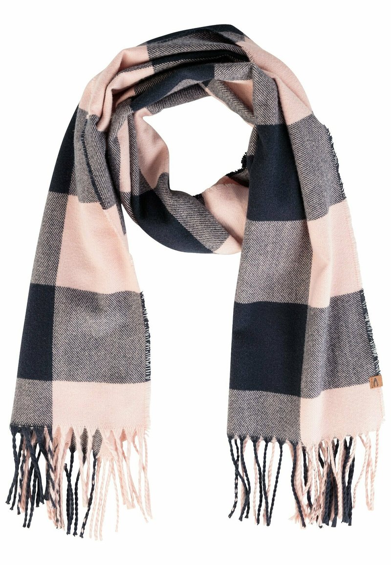 Écharpe douce en tissu à grands carreaux bleu marine, rose clair et gris, avec des franges torsadées aux deux extrémités.