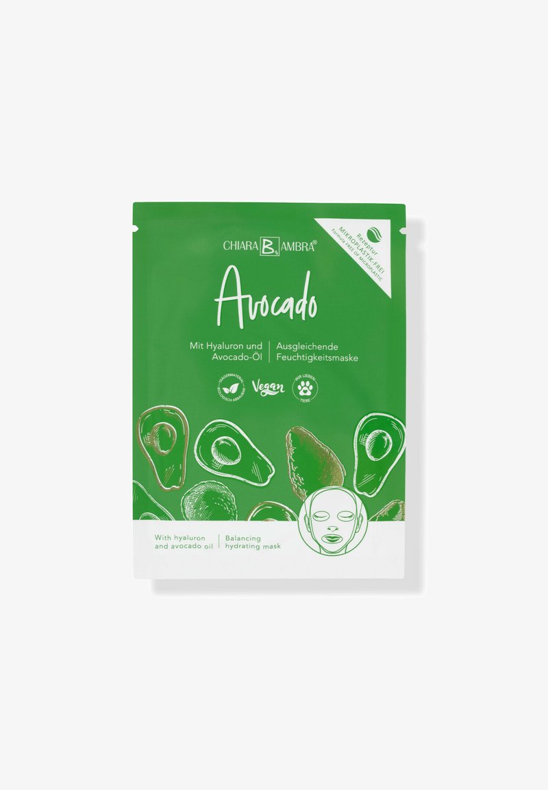 Avocado face mask packaging in a vibrant green with avocado illustrations. Text includes product details, vegan icon, and recycling symbol.