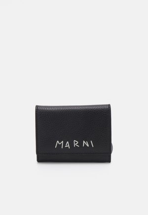 Black leather wallet with a textured finish, featuring a silver "MARNI" logo on the front and a tri-fold design. Compact and rectangular shape.