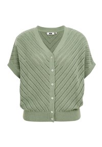 Grön stickad cardigan med V-ringning, korta ärmar och knäppning fram. Har ett texturerat zigzag-mönster och ribbat fåll.