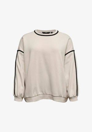 Svetlo bež pulover z okroglim izrezom, črnimi detajli ob šivih in elastičnimi manžetami za udoben prileganje.