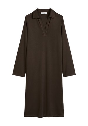 Langärmeliges dunkelbraunes Kleid mit Polokragen, V-Ausschnitt, geradem Schnitt und ohne sichtbare Muster oder Verzierungen.