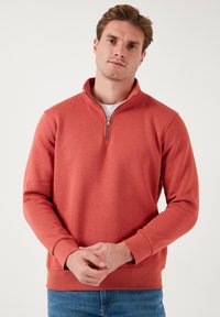 Sudadera roja con cremallera, confeccionada en una mezcla de algodón grueso, con cuello alto, mangas largas y puños de canalé; textura suave y ajuste casual.