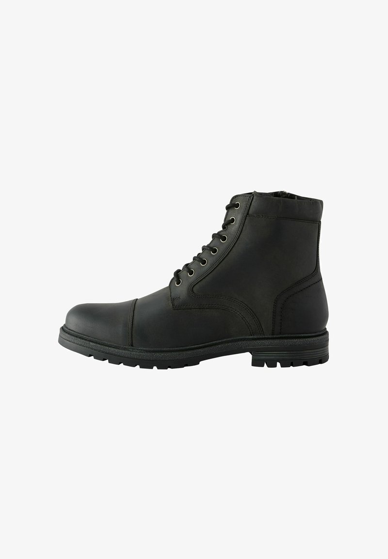Black leather ankle boot with a rounded toe, lace-up front, cushioned collar, and textured rubber sole featuring a tread pattern.