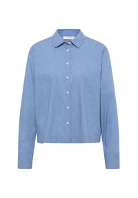 Blue chambray button-up shirt with a collar, long sleeves, and a cropped silhouette. Features metallic buttons and a smooth texture.